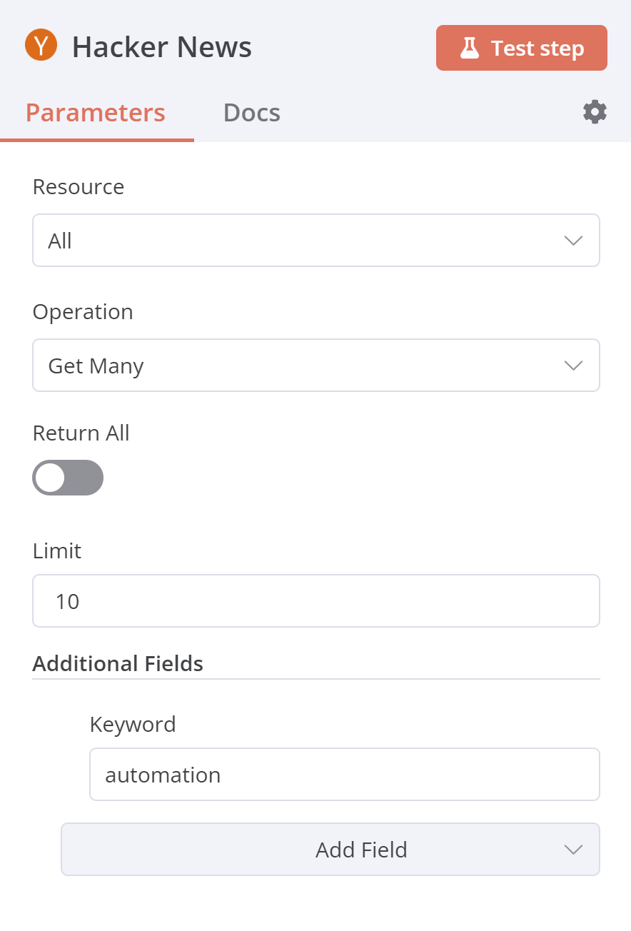 Hacker News node parameters