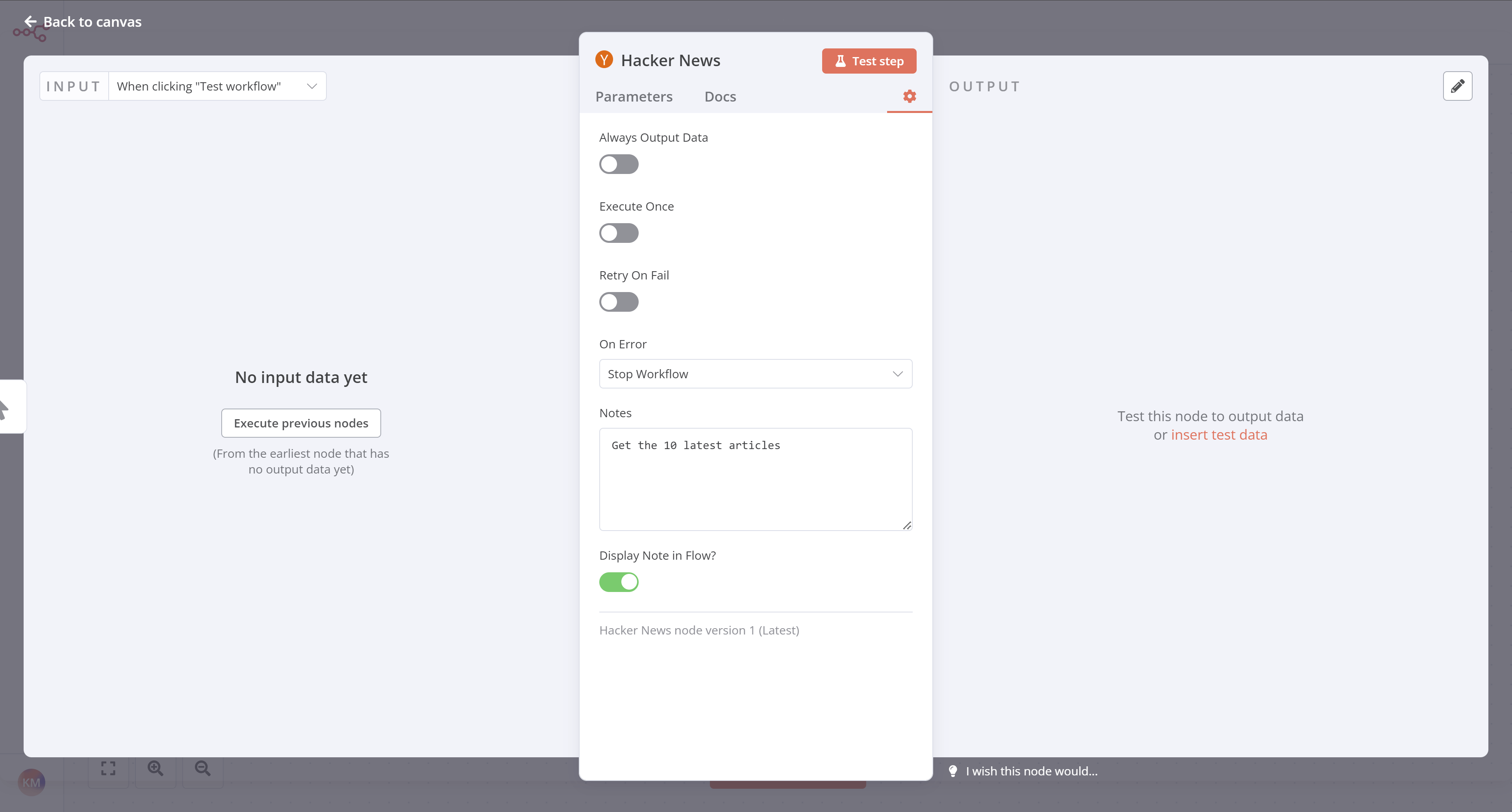 Hacker News node settings