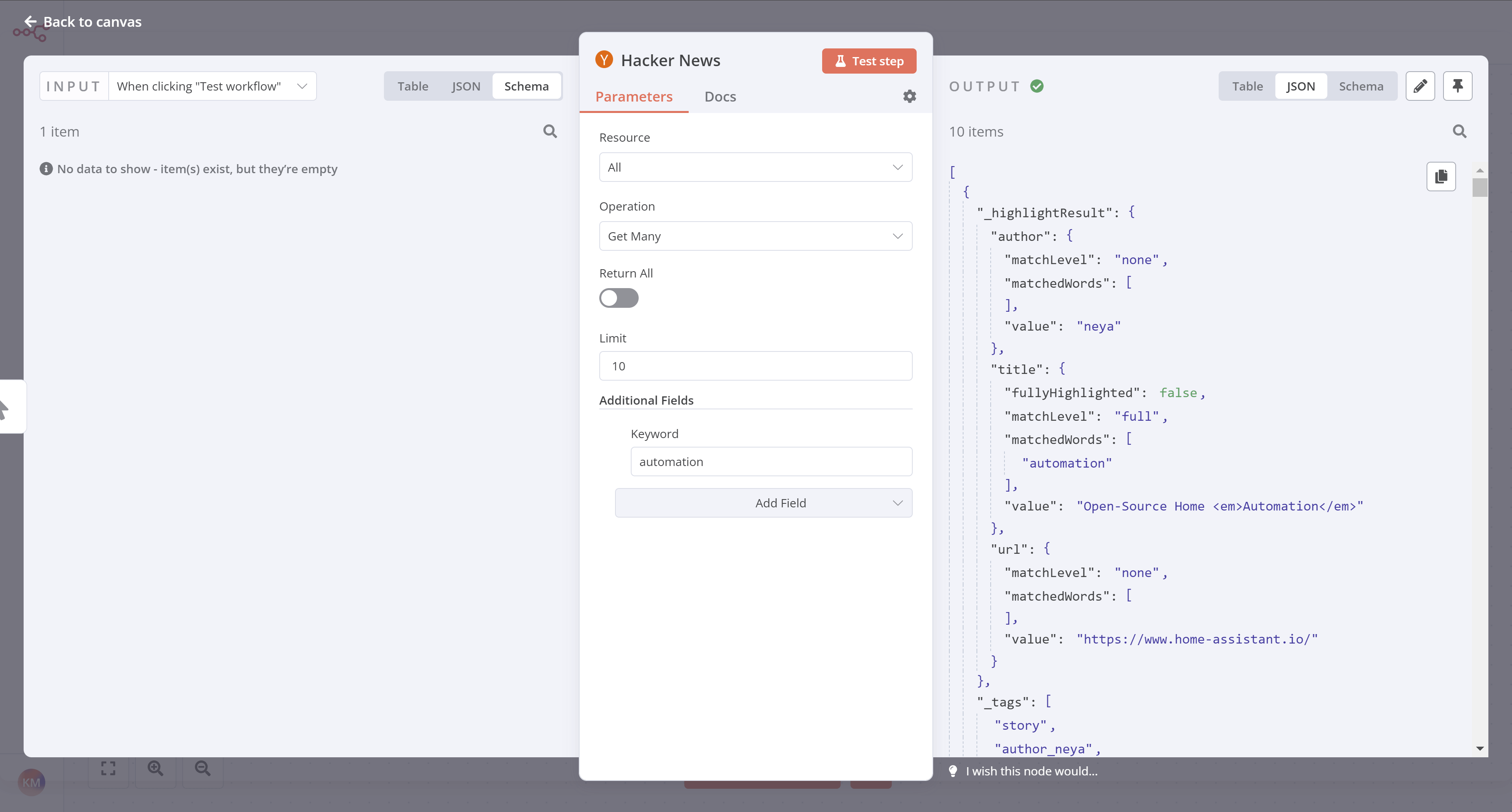 Results in JSON view for the Hacker News node