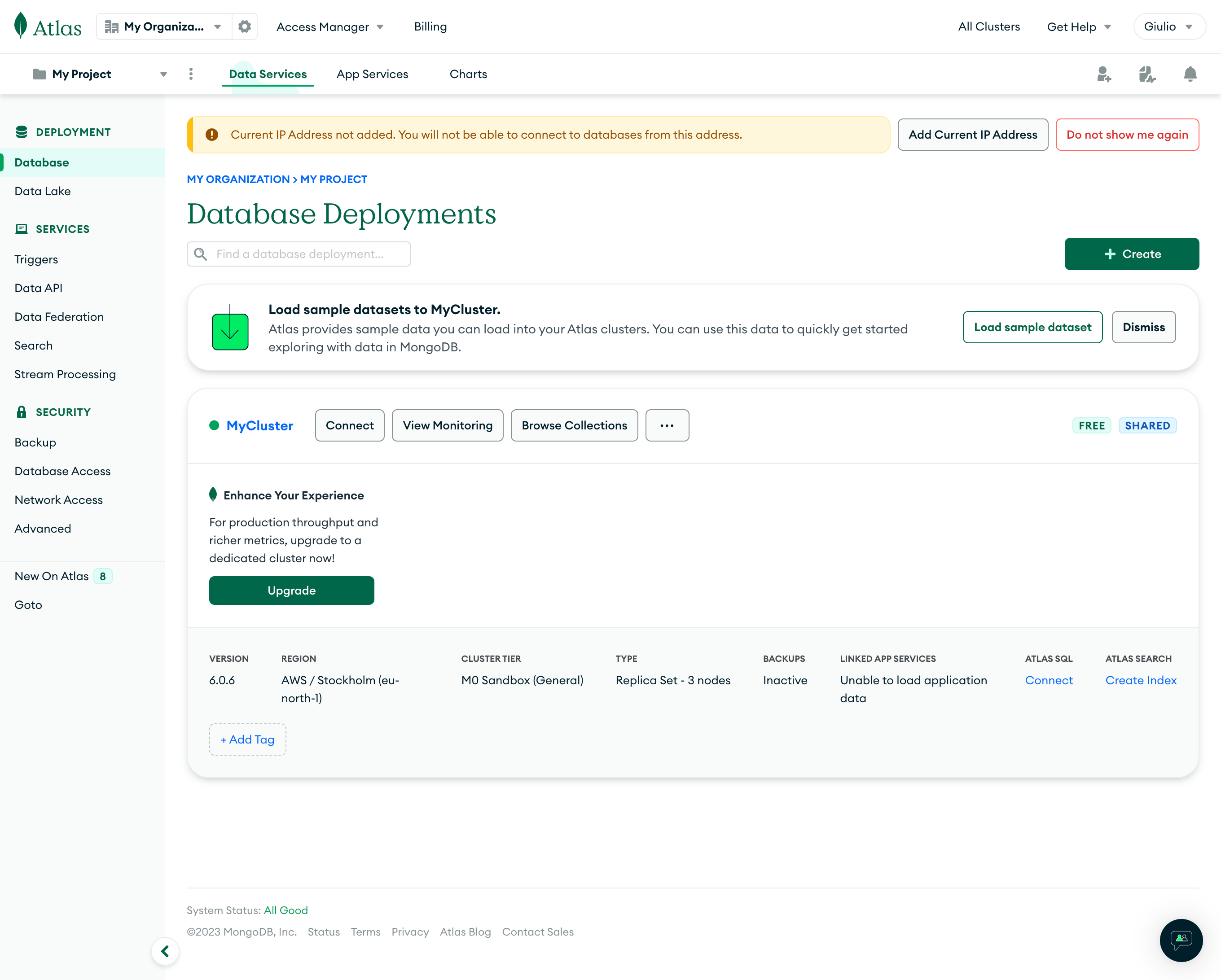 Setting up the cluster in MongoDB Atlas