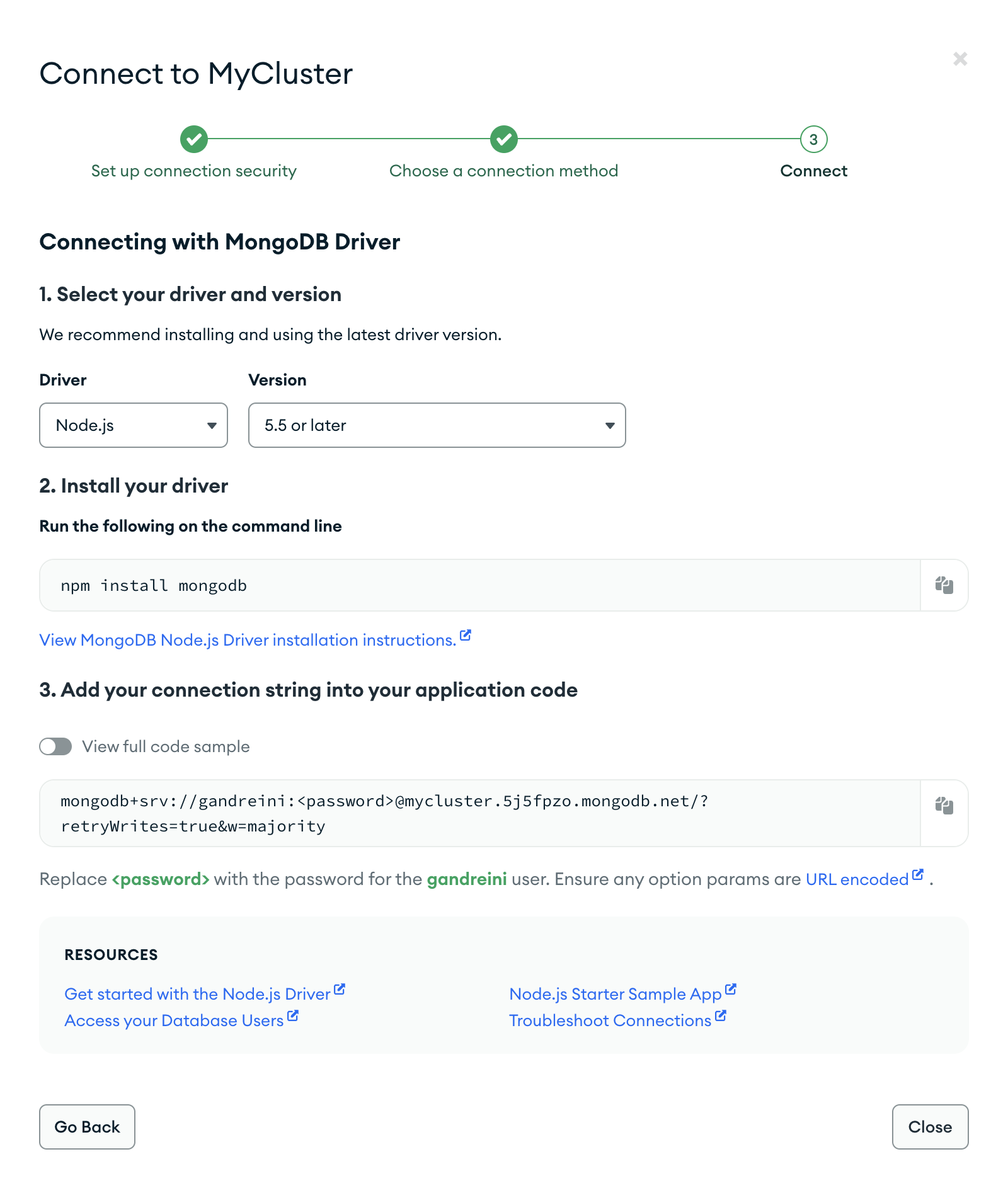 The connect dialog where to copy the connection string