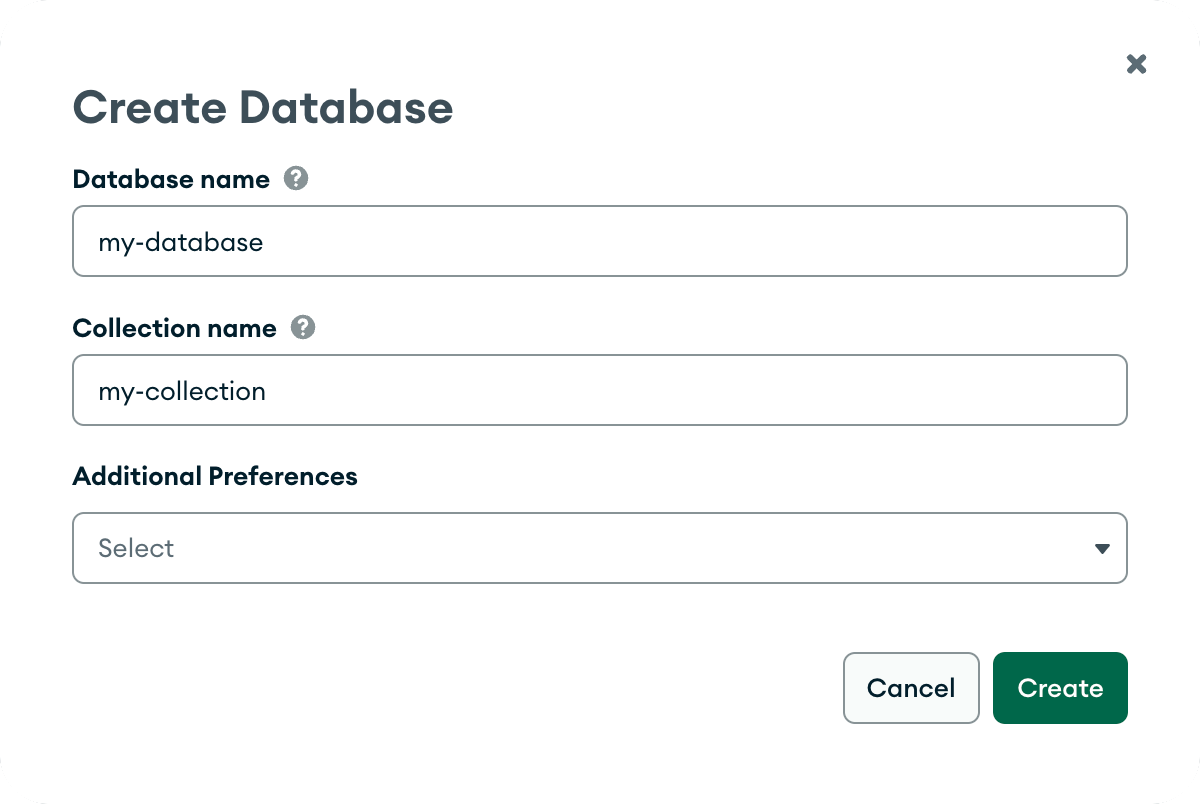 The dialog to create a new database in MongoDB Atlas